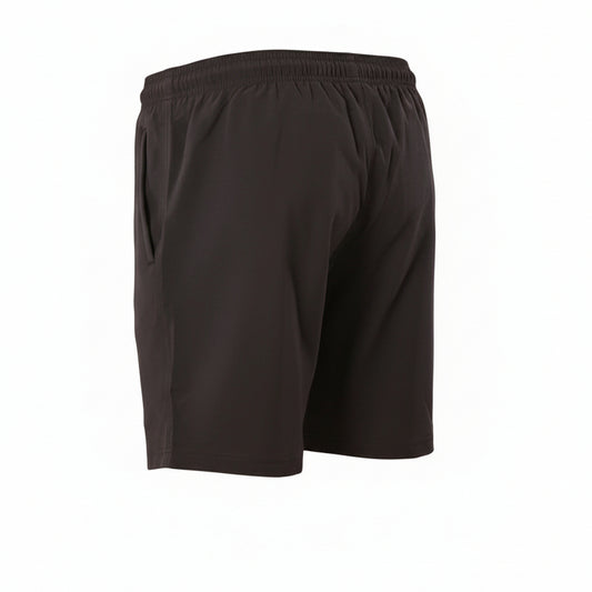 Side profile product shot of Blend men's navy active shorts. Features include a secure zippered side pocket, an elastic waistband, and a silver triangular 'A BLEND' logo on the thigh. Displayed as a hollow ghost mannequin floating against a seamless white studio background. (Style: Ghost Mannequin)