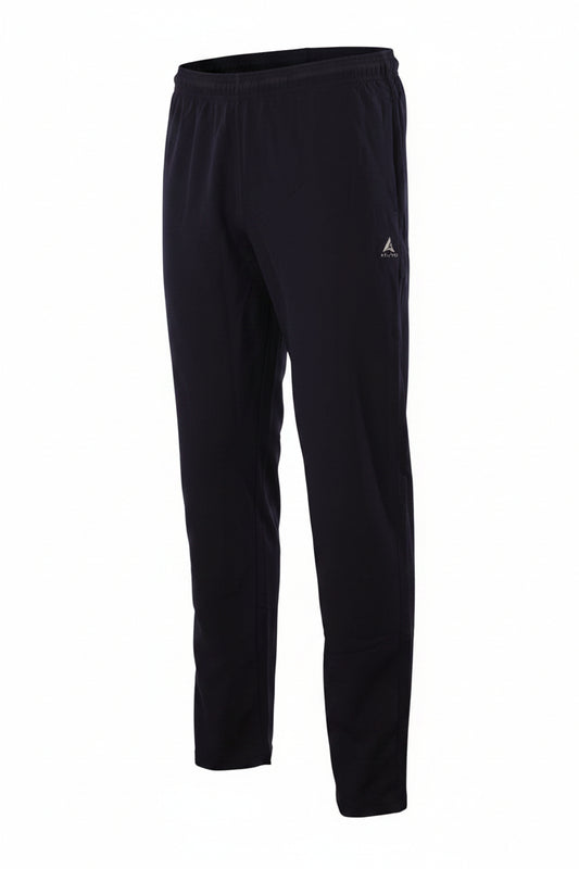 Front three-quarter ghost mannequin product shot of men's solid black track pants. The pants feature an elastic waistband and a silver 'A BLEND' logo on the left thigh, displayed as a hollow garment against a pure white studio background.