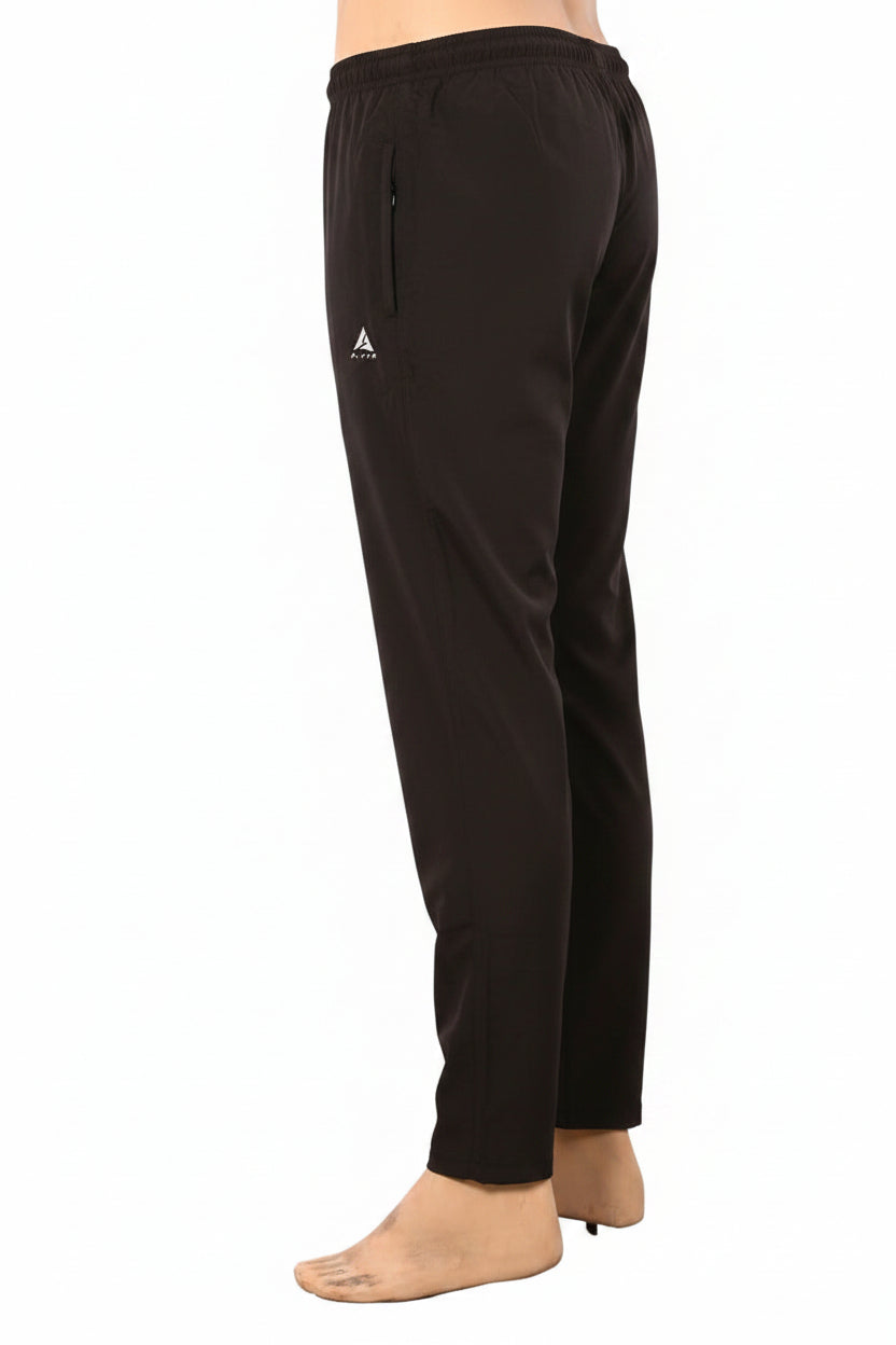 Side profile product shot of men's dark gray track pants featuring a side pocket and a silver 'A BLEND' logo on the upper thigh. Displayed as a hollow ghost mannequin floating against a seamless white studio background.