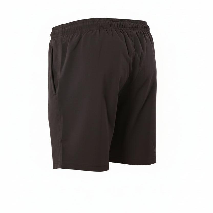 Side profile product shot of Blend men's navy active shorts. Features include a secure zippered side pocket, an elastic waistband, and a silver triangular 'A BLEND' logo on the thigh. Displayed as a hollow ghost mannequin floating against a seamless white studio background. (Style: Ghost Mannequin)