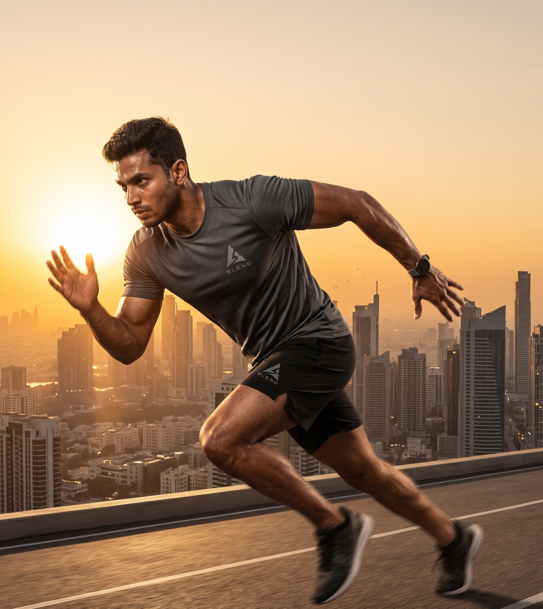 A man running outdoors wearing a breathable Blend Sports cotton t-shirt and athletic shorts. Blend Sports, a premium brand by Blend Bazar Raebareli, offers high-quality summer activewear, winter thermal inners, and hoodies.